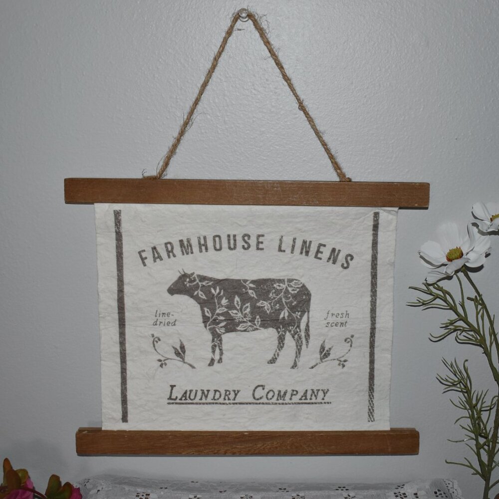 Linens Cow Laundry Tapestry Sign Spring Country Cottage Farmhouse Decor